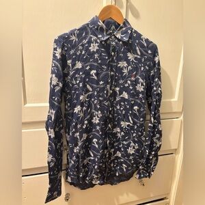 Carolina Herrera Men's Linen Blue Floral Print Button Down Shirt - Size 15